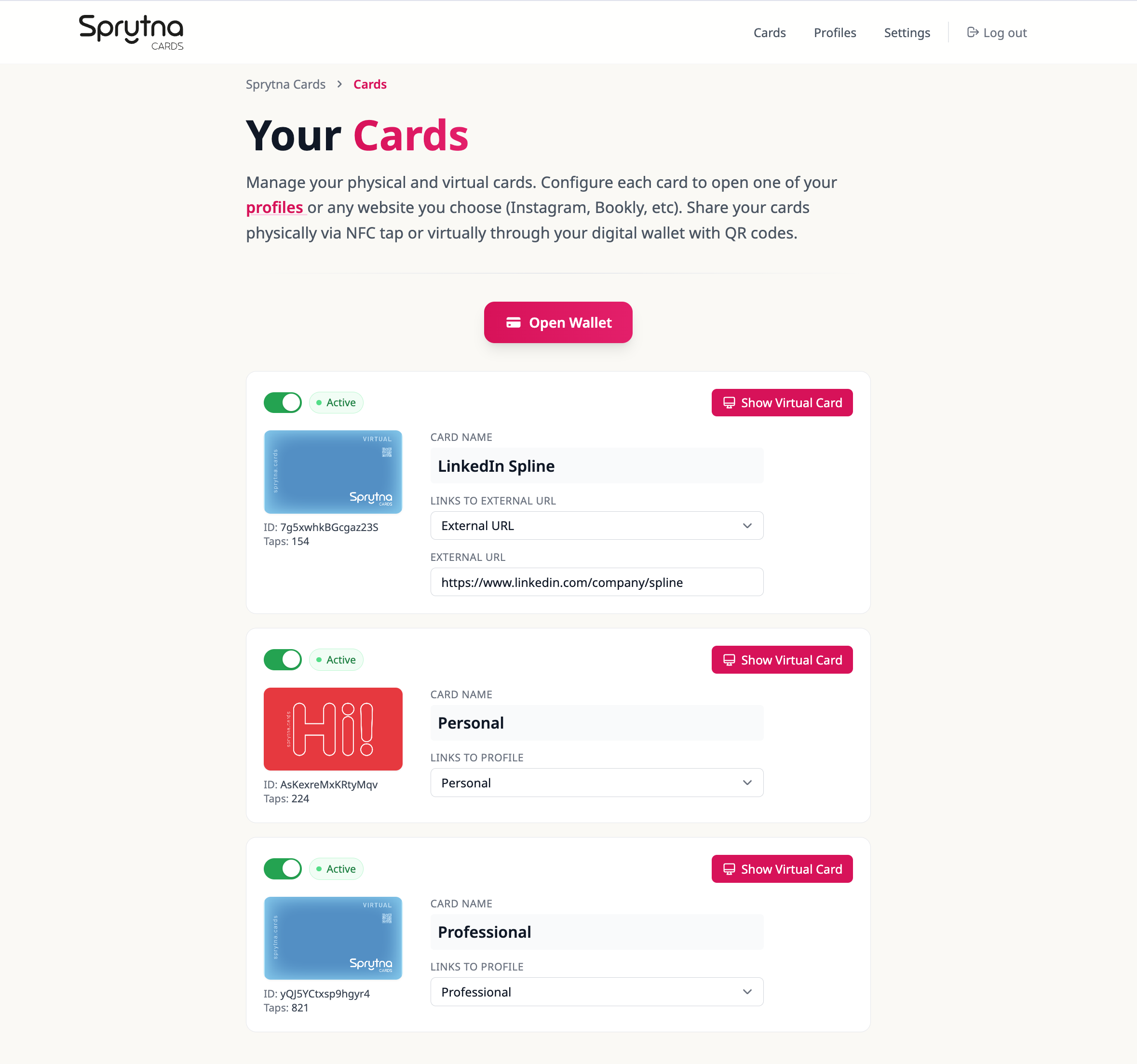 Card configuration interface showing options to point card to different profiles