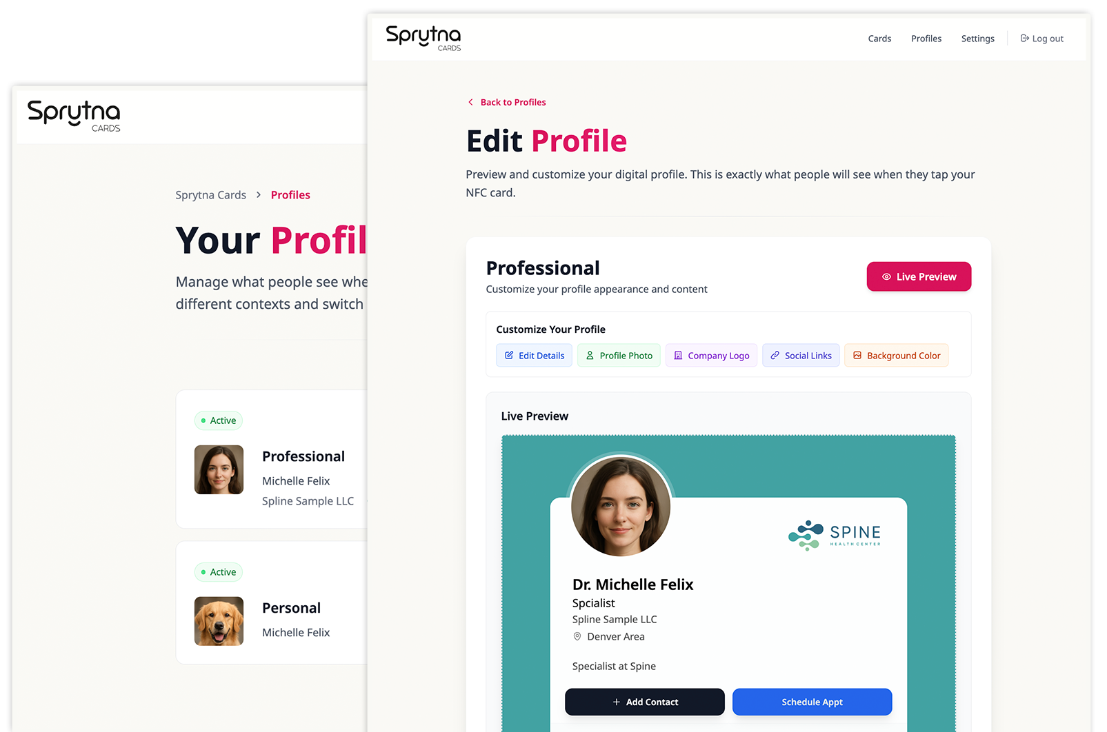 Profile management interface showing multiple profiles