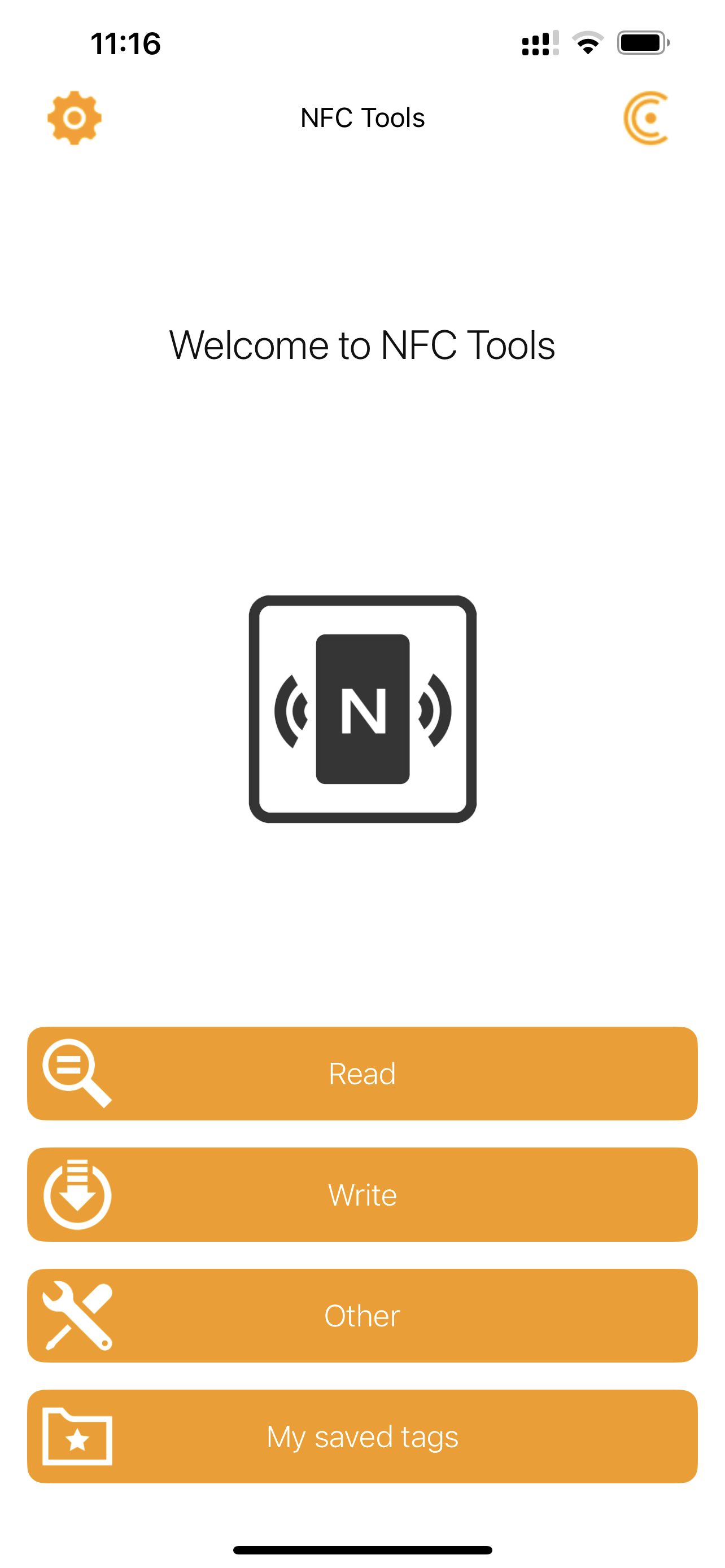 NFC Tools Start screen